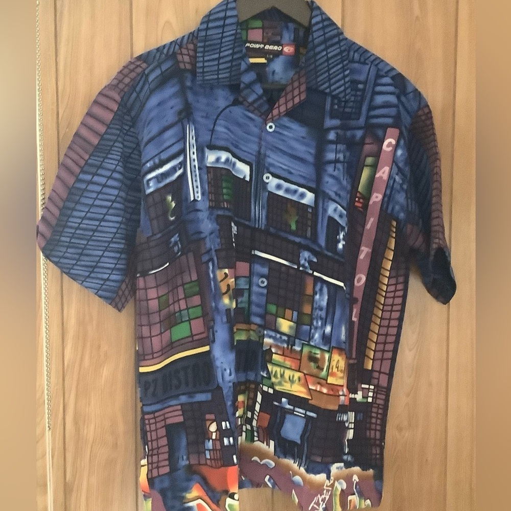Point Zero Short-Sleeve Button Down Shirt - Blue Multicolor City Print